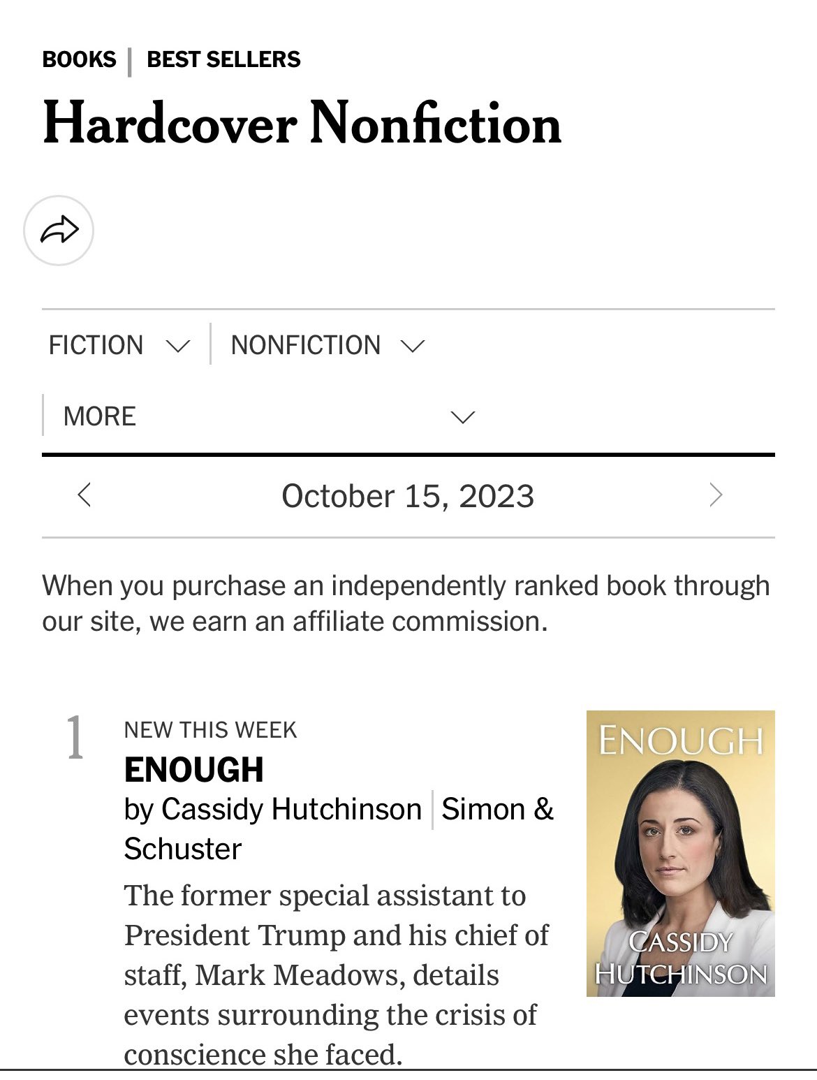 Alyssa Farah Griffin on X: Enough by Cassidy Hutchinson debuts as #1 on  the @nytimes best seller list in hardcover nonfiction. Important that so  many people will hear her story.  /