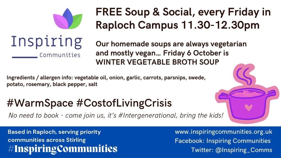 The Friday soup has been decided! Come down for some free soup. #Friday #soup #inspiringcommunities