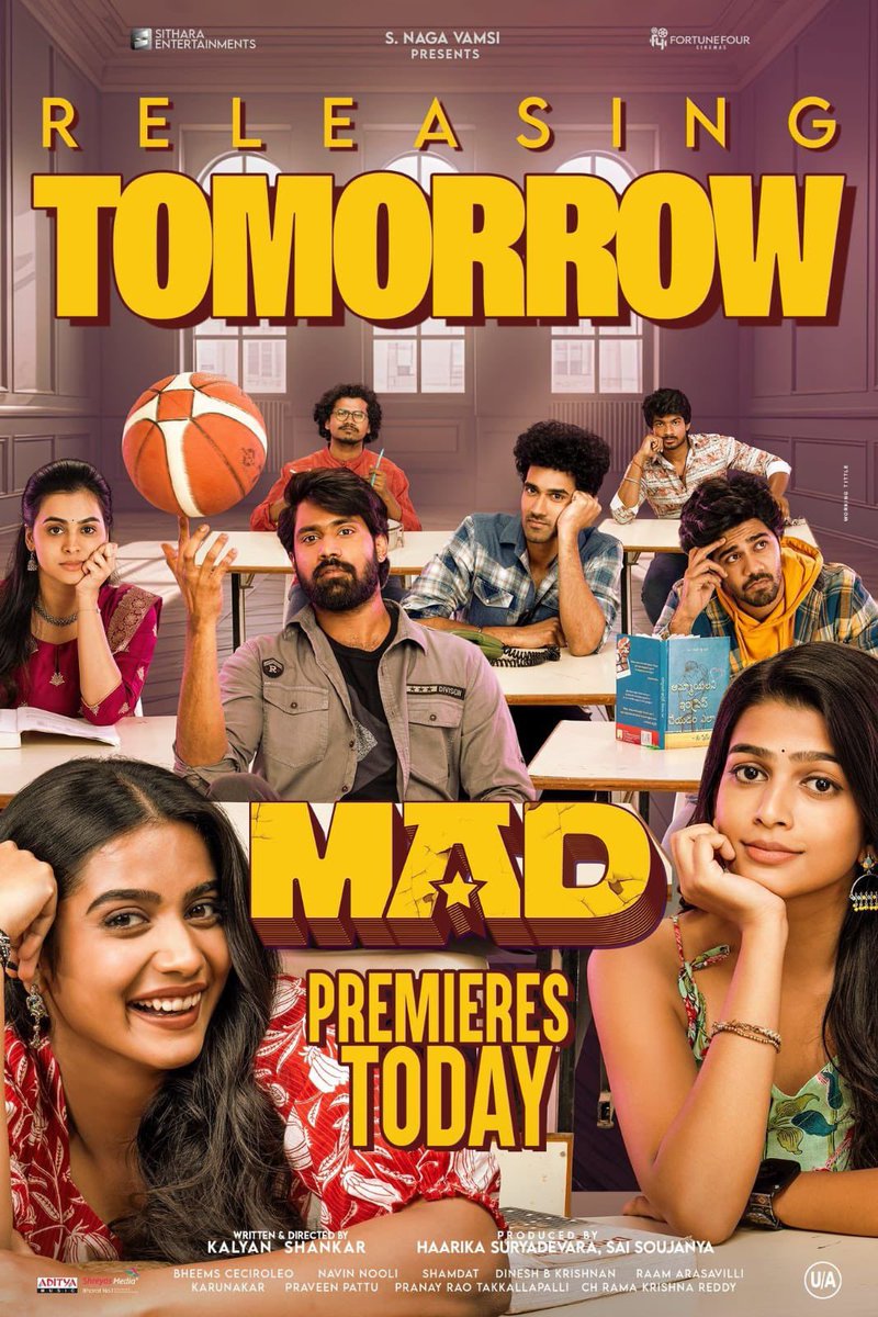 MAD releasing tomorrow 
Premieres from tonight 🔥 

All the very best to the entire team 🥺

 #SangeethShobhan #NarneNithin #SriGouriPriyaReddy #Anudeep #MAD