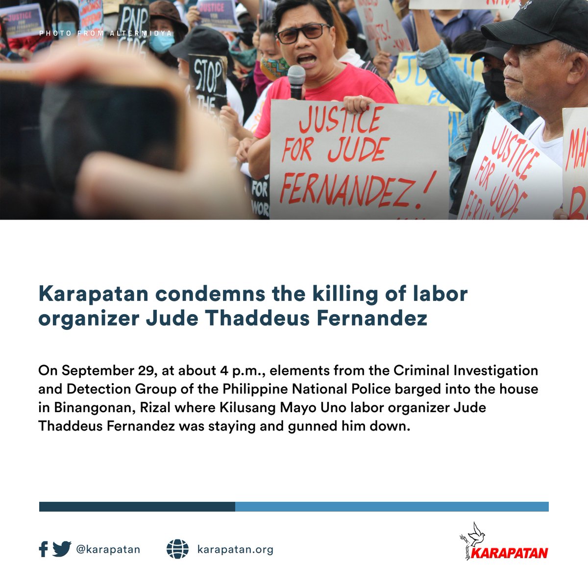 According to Kilusang Mayo Uno, Jude Thaddeus Fernandez is the 72nd victim of extrajudicial killing from the labor sector and the fourth since the International Labor Organization conducted a High-Level Tripartite Mission in the country on January.

READ: karapatan.org/media_release/…