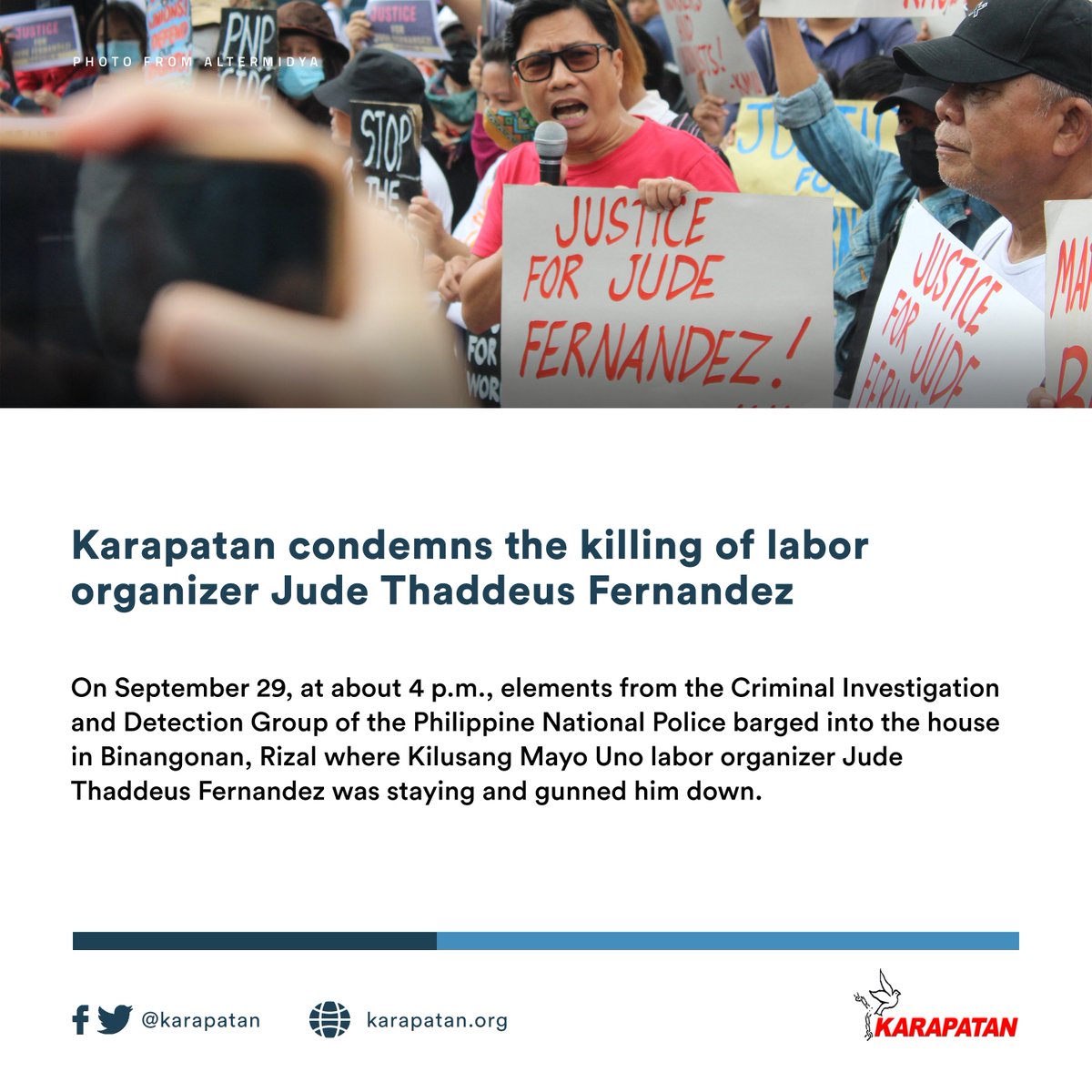 According to Kilusang Mayo Uno, Jude Thaddeus Fernandez is the 72nd victim of extrajudicial killing from the labor sector and the fourth since the International Labor Organization conducted a High-Level Tripartite Mission in the country on January. READ: karapatan.org/media_release/…