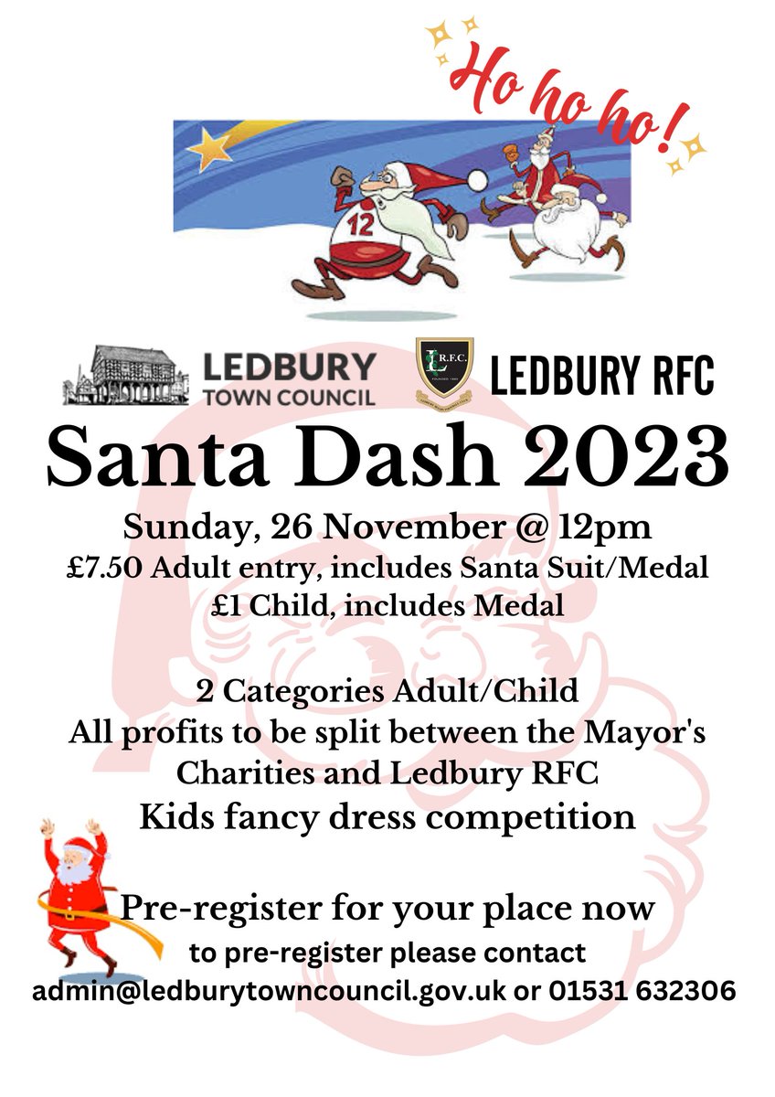 Ledbury Town Council (@ledburytc) on Twitter photo We're pleased to partner with Ledbury RFC to bring the 2023 Santa Dash to Ledbury. Pre-register now at admin@ledburytowncouncil.gov.uk or 01531 632 306. We're pleased to partner with Ledbury RFC to bring the 2023 Santa Dash to Ledbury. Pre-register now at admin@ledburytowncouncil.gov.uk or 01531 632 306.