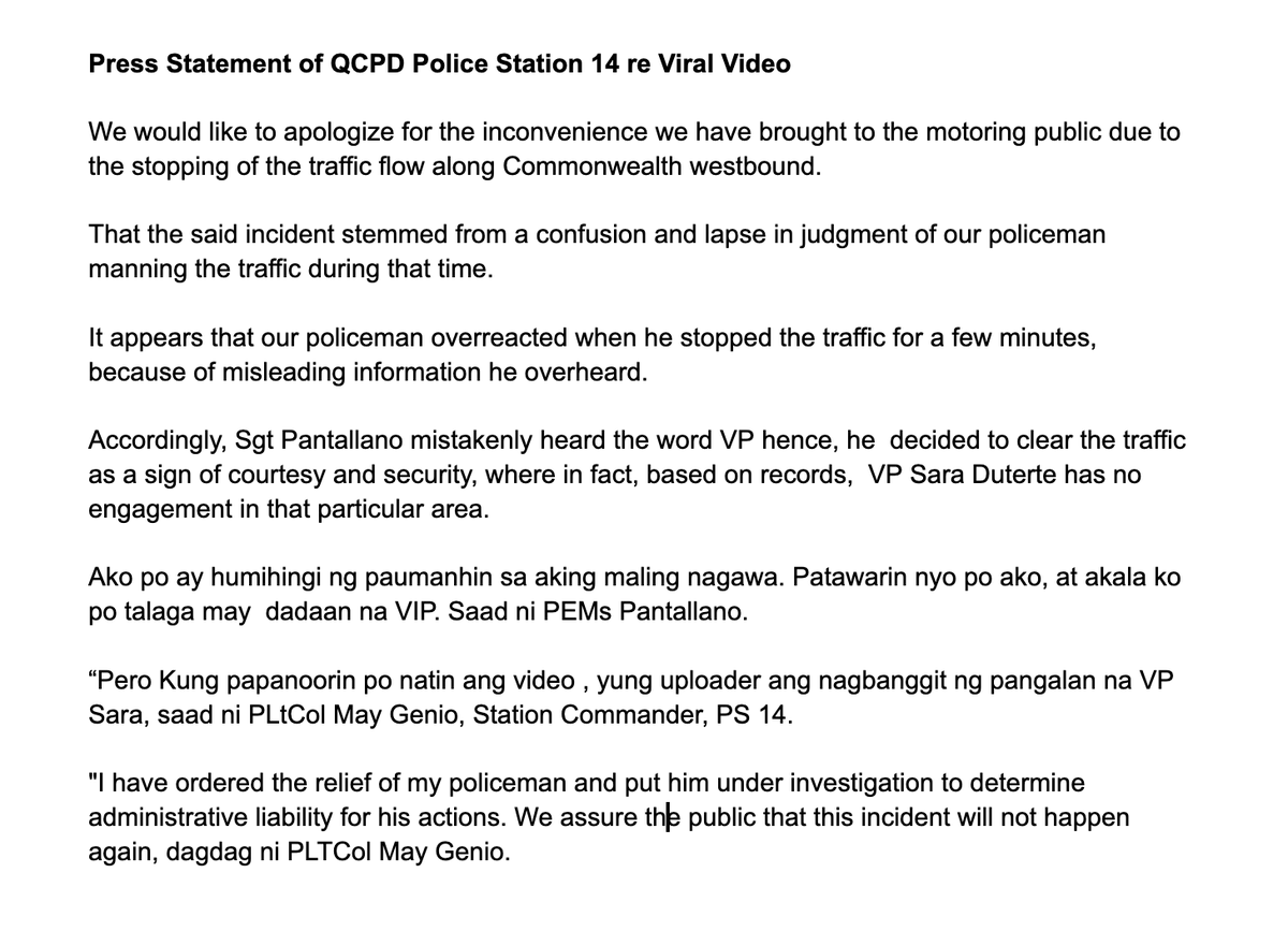 jairojourno's tweet photo. JUST IN. The QCPD apologizes over the viral video, where a cop was seen stopping the traffic flow in Commonwealth Avenue, Quezon City for a "VIP."
@rapplerdotcom https://t.co/SMAQ4LzGHU