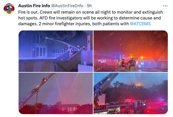 Chez_Zee_Austin's tweet photo. The fire is out. Good morning! Happy to report the fire in the office behind Chez Zee is out. We are all cleaned up and ready to go for lunch today. Come see us today - or sometime soon. We look forward to serving you. Thanks again for all of the messages of support. 
-Sharon https://t.co/lTEOxelVbF