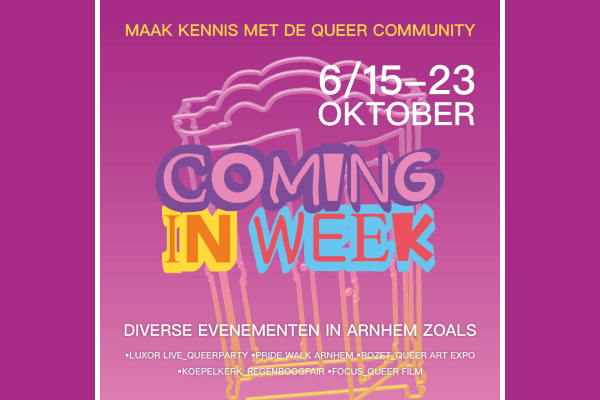 Samen met tal van organisaties organiseert <a href="/COCMiddenGLD/">COC Midden-Gelderland</a> de állereerste Coming In Week in #Arnhem! Van 6 tot en met 15 oktober  kan je naar queer films, een kunstexpositie, de Pride Walk, een  Regenboogfair, een Regenboogdienst, feestjes en meer! bit.ly/3rHNP1J