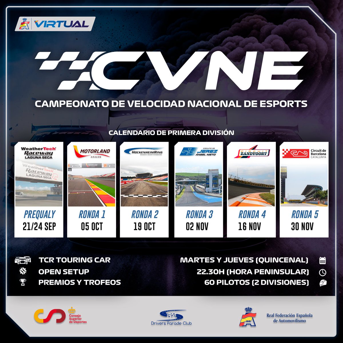 Drivers Parade Club (@driversparadecb) on Twitter photo ¡Esta noche comienza el #CVNE!, campeonato auspiciado por <a href="/virtual_rfeda/">Virtual RFEDA</a>.
La primera prueba se disputa en Motorland y podéis seguirla desde twitch a partir de las 22:15h.
Os esperamos en la retransmisión junto a <a href="/JaviviQuilon/">Javier Quilón</a> y <a href="/JorgeSoler93/">Jorge Soler</a> en cabina.
twitch.tv/advncesic ¡Esta noche comienza el #CVNE!, campeonato auspiciado por <a href="/virtual_rfeda/">Virtual RFEDA</a>.
La primera prueba se disputa en Motorland y podéis seguirla desde twitch a partir de las 22:15h.
Os esperamos en la retransmisión junto a <a href="/JaviviQuilon/">Javier Quilón</a> y <a href="/JorgeSoler93/">Jorge Soler</a> en cabina.
twitch.tv/advncesic