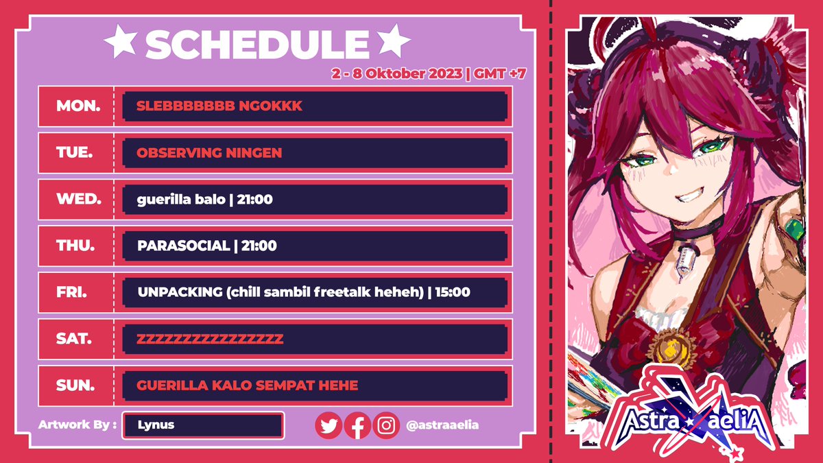 AstraAelia's tweet photo. 【WEEKLY SCHEDULE】

📅 2 - 8 Oktober 2023📅

HASHTAG
🔭General • #AstraAelia
🔭Live • #AeliaLive 
🔭Clips • #AeClips 
🔭Fanart • #Astrasketch
🔭Memes • #Aelaheuheu
🔭Fanname • #Aelien https://t.co/JMSRBI7kor