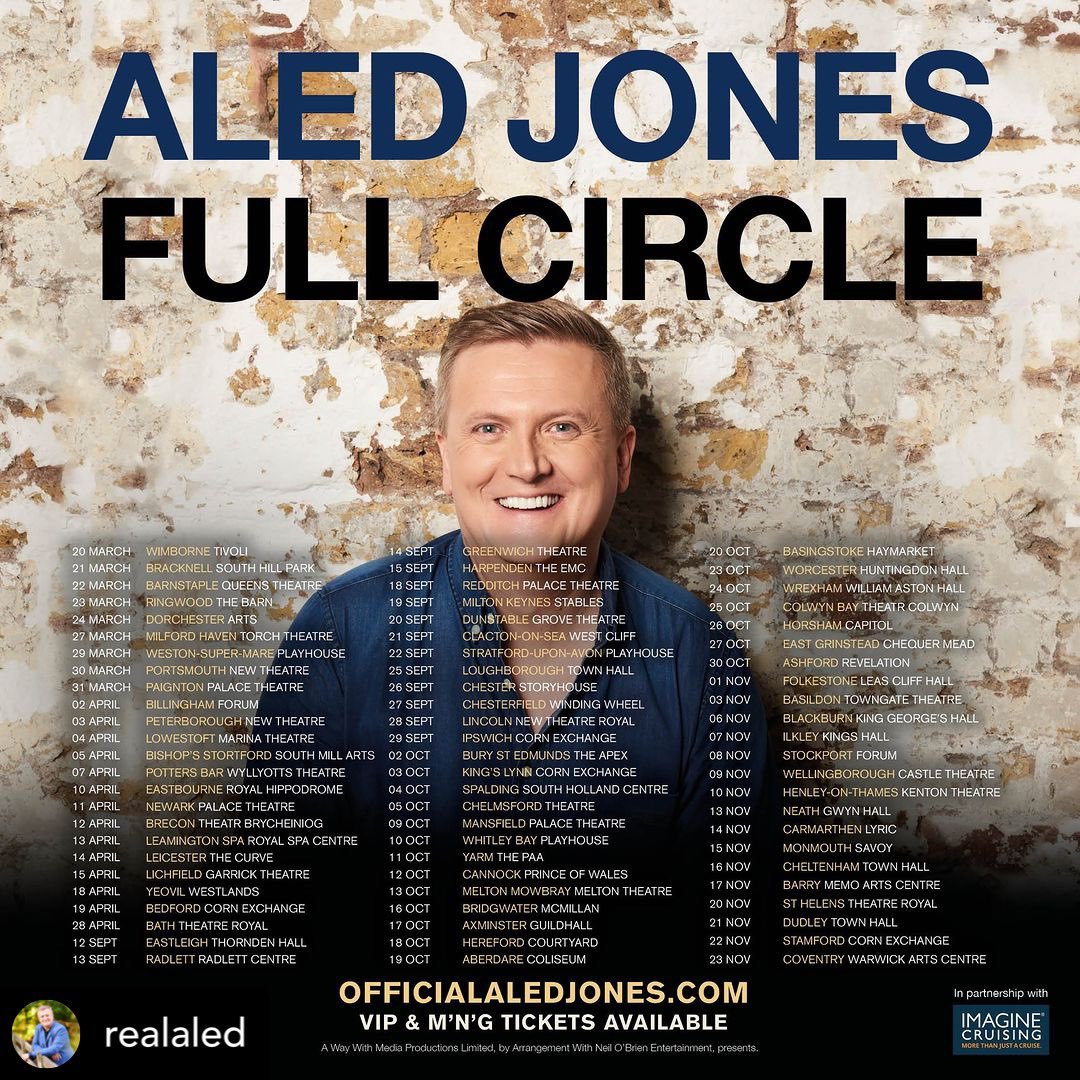 We’re really proud to be representing @realaled . Here’s the full list of dates for his 2024 Full Circle Tour . They are going to be very special shows, encompassing songs and stories that span Aled’s incredible career. 🎟 Ticket link: awaywithmedia.com/tours/aled-jon… #aledjones