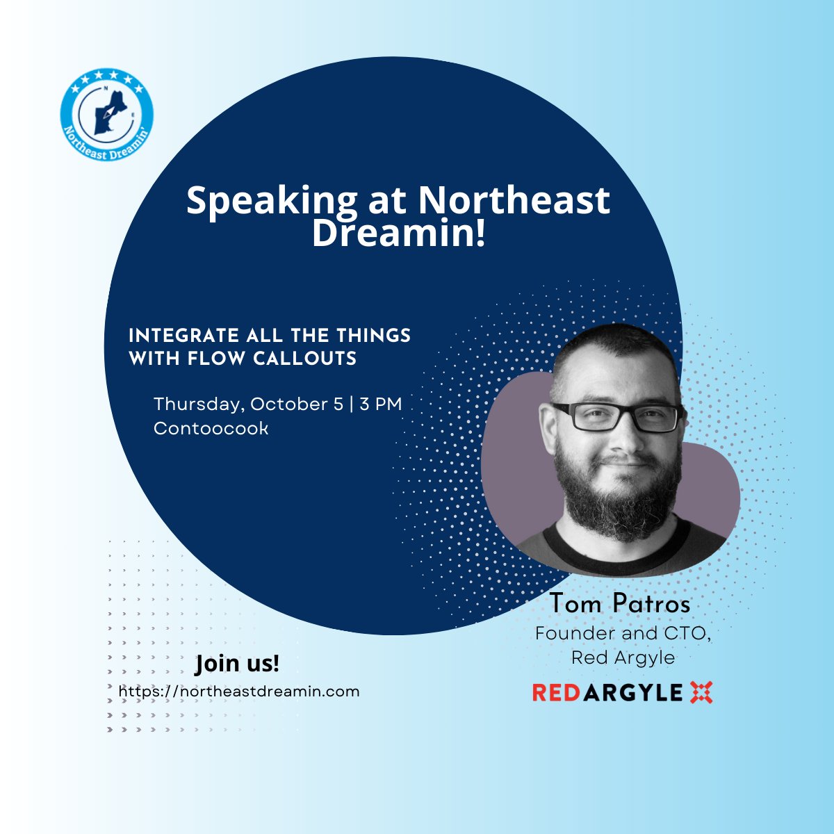 Don't forget about today's <a href="/NEDreamin/">Northeast Dreamin'</a> session, Integrate All The Things with Flow Callouts at 3 pm. You'll walk through features and configurations, and experiment with sending and receiving data with popular APIs.

#NortheastDreamin #NED #TheArgylersAreComing