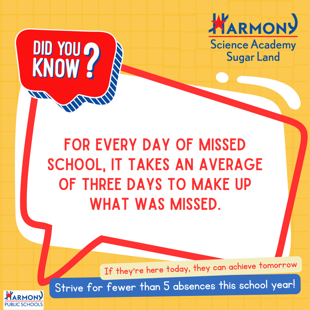 HsaSugarLand's tweet photo. 📚 School is where dreams take flight! 🚀 Ensure your child's success by making school attendance a top priority. Every day in school counts! 💪 #EveryDayCounts #SchoolMatters #BePresent #EducationFirst. #HarmonyAttends https://t.co/VVTBcCg4ga