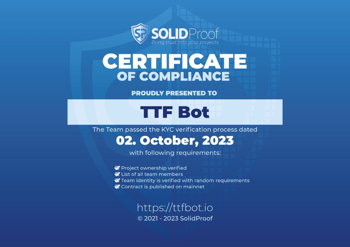 TTFBot's tweet photo. TTF has undergone a KYC process with the very reputable @SolidProof_io   

By ensuring TTF's accountability, we hope to instill greater trust in our investors.

$TTF #TTFBot https://t.co/xXQE5d2HDG