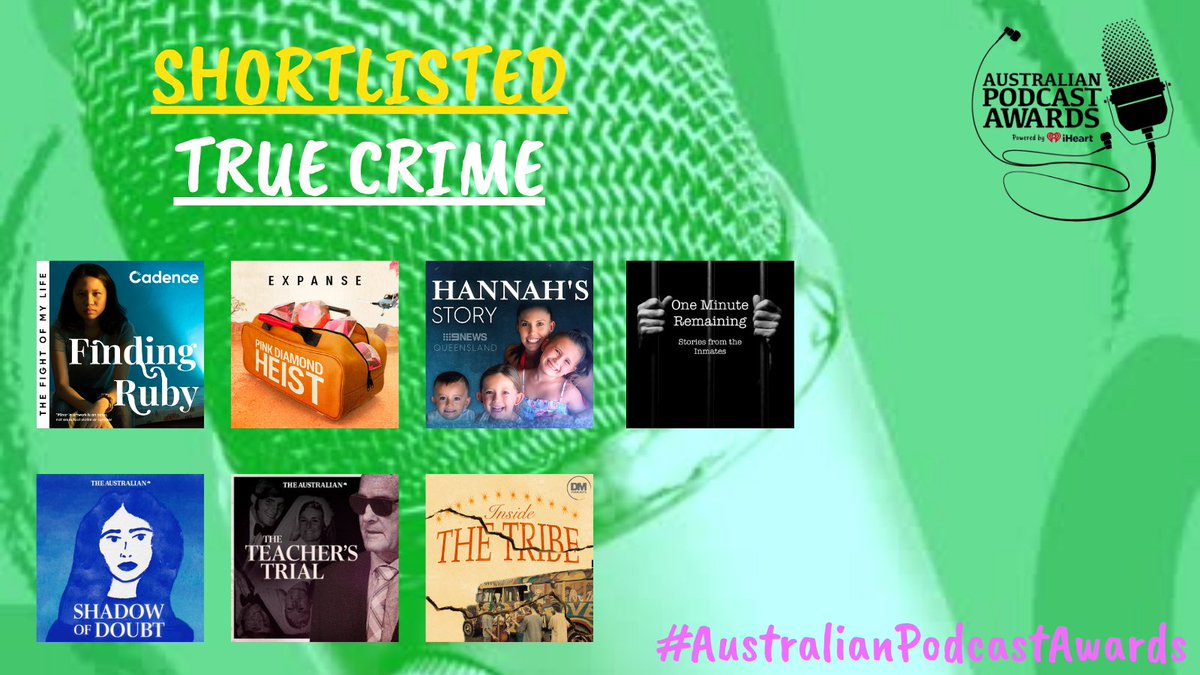 Congratulations to:
<a href="/RadioNational/">ABC Radio National</a>
Cadence Productions
<a href="/9NewsQueensland/">9News Queensland</a>
@camillebianchi <a href="/TimElliottSMH/">Tim Elliott</a>
One Minute Remaining - Stories from the inmates
<a href="/australian/">The Australian</a> x2

Who are all shortlisted in the #AusPodAwards True Crime category