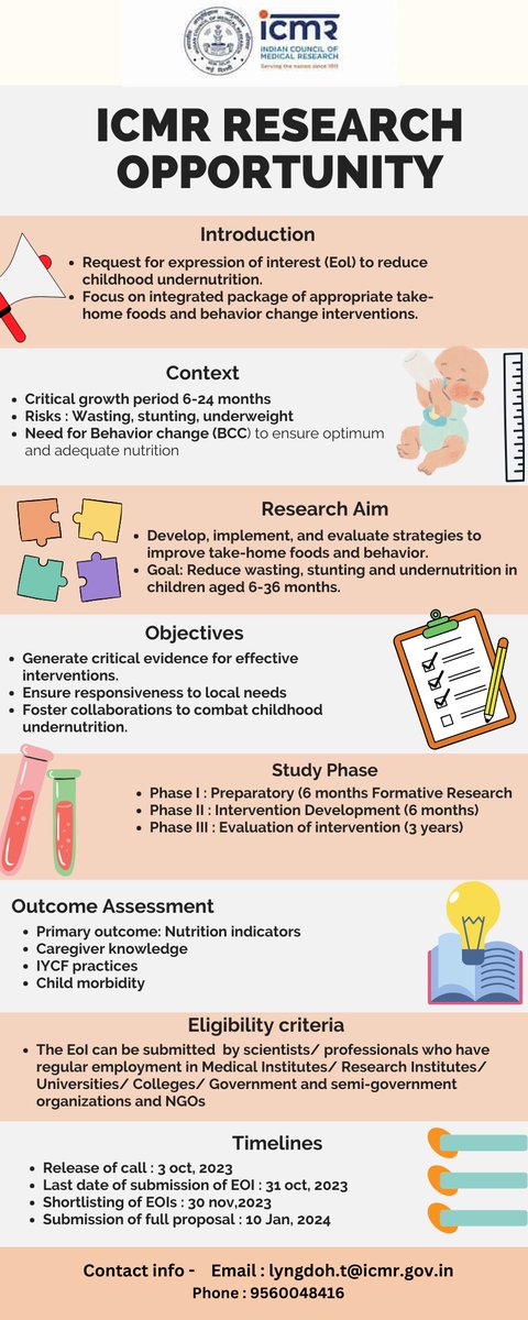 ICMRDELHI's tweet photo. Exciting news, ICMR calls upon researchers to transform child nutrition in India. Get ready to make an impact.Please find more details at: https://t.co/pLggOBTgz3  #ChildNutrition #ResearchOppurtunity https://t.co/i5eKA2Gogq
