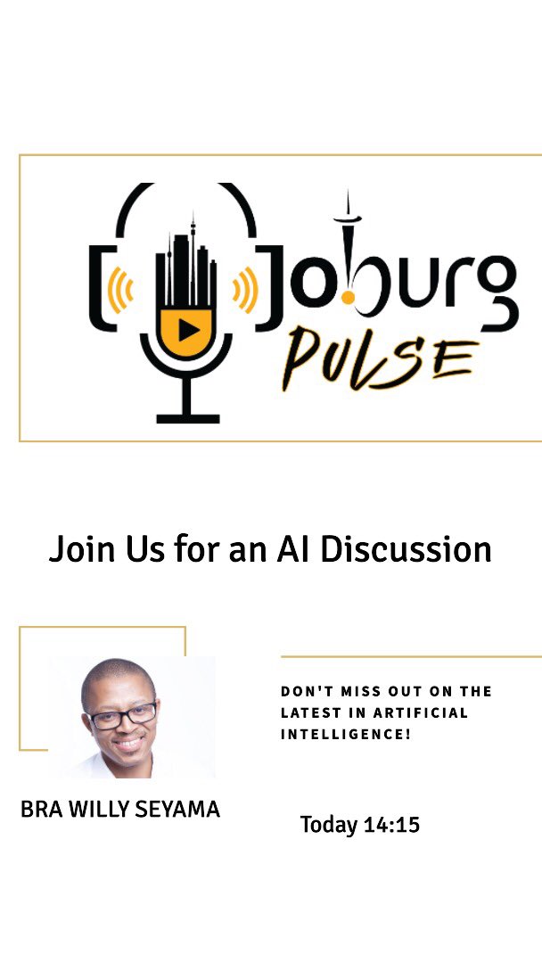 CityofJoburgZA's tweet photo. Join us today at 14:15 for an exciting chat with our resident AI and Digital Specialist, @BraWilly_Seyama. Don't miss out on #TheTechTalk! 🤖💻📱 #AI #DigitalTransformation #TechTalk https://t.co/X1KGQZ81lT
@JoburgPulse_ https://t.co/IJGnEDB5Gr