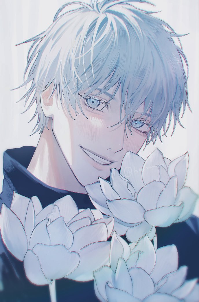 gojou satoru 1boy male focus solo flower blue eyes short hair smile  illustration images