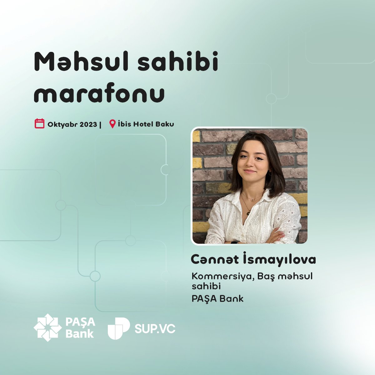 sup_vc's tweet image. "Məhsul sahibi marafonu" spikerlərini tanıyaq!

Marafonun növbəti spikeri Cənnət İsmayılovadır!

Qeydiyyat və ətraflı məlumat üçün link: pomarafon.az

#MəhsulSahibiMarafonu #SUPVC #PASHABank #Innovation #productowner