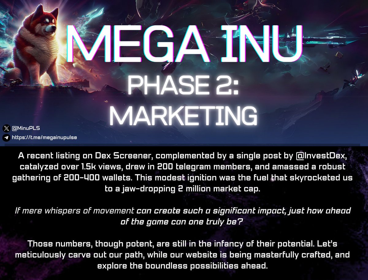 MinuPLS's tweet photo. Announcing Phase 2 of our roadmap, showcasing the marketing steps you've all been eagerly anticipating!
As we await the launch of our website and the readiness of our infrastructure, we can expect to transition into our first real adventure.
#Minu #MegaInu #Pulsechain $MINU https://t.co/x4AedxFn76