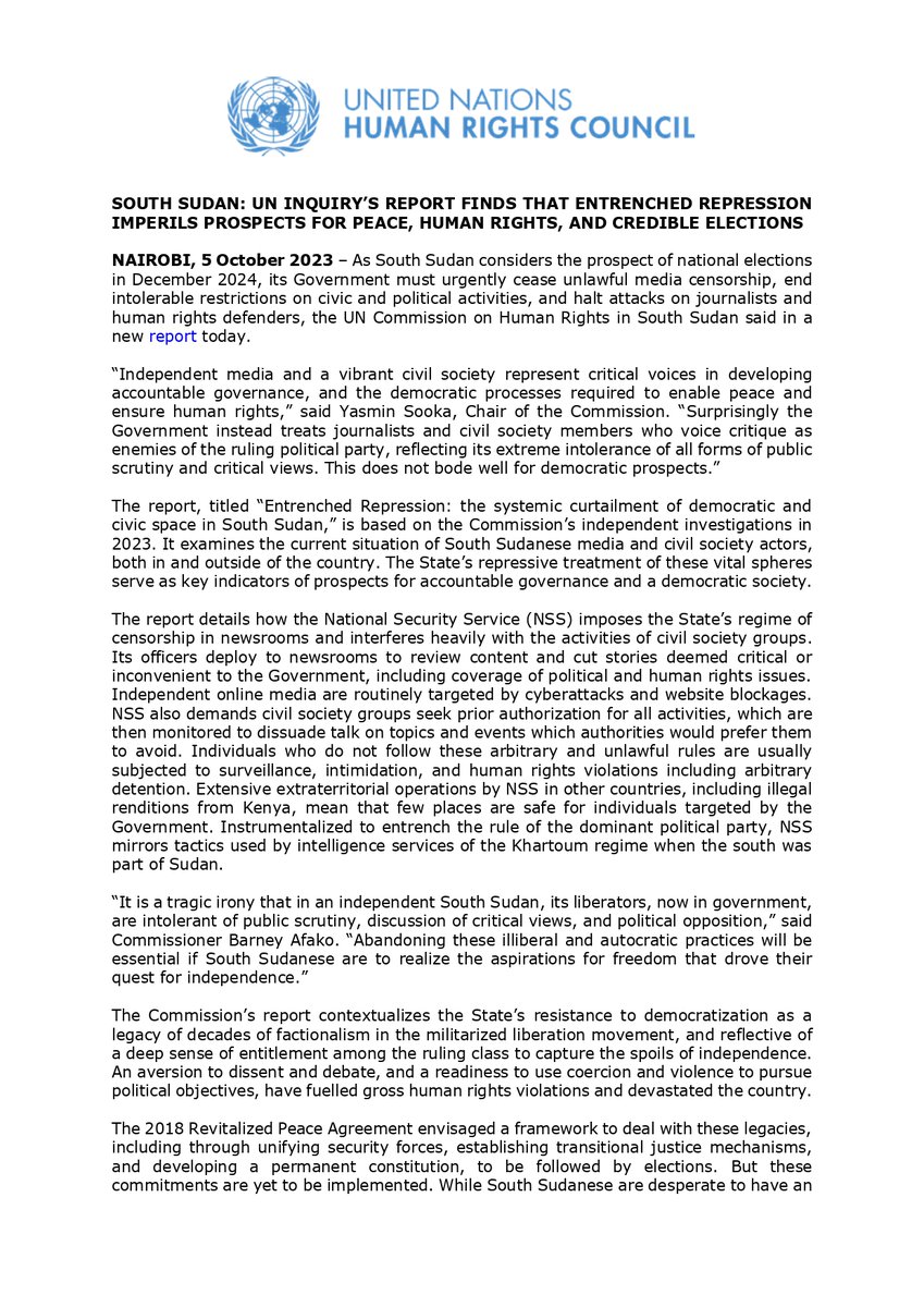 UNCHRSS's tweet photo. #NewsAlert
Just released our #Inquiry_Report on the civic & political space in #SouthSudan
The #report finds that entrenched repression imperils prospects for peace, human rights and credible elections
Read the full report https://t.co/nqCNH8ODKh
#SSOT @SouthSudanGov https://t.co/3BMHXHQKob