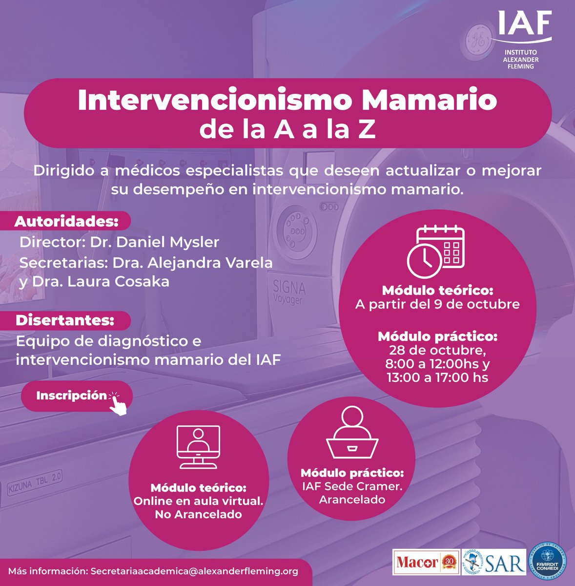 ⏰ Comienza este lunes

📌"Intervencionismo Mamario de la A a la Z" del <a href="/IAF_Fleming/">Instituto Alexander Fleming</a> 
🔹Auspiciado por SAR y <a href="/FAARDIT/">FAARDIT - Federación Argentina de Radiología</a>
👨‍⚕️Director: <a href="/dmysler/">daniel mysler</a>
📚Módulos teóricos y prácticos
✍️Inscripciones en bit.ly/intmamario
ℹ️ Informes: secretariaacademica@alexanderfleming.org