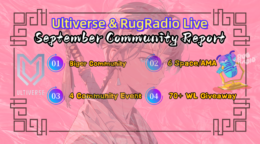 hippo688's tweet photo. Sept Community Report🔔
Be a spark in the dark✨
1⃣Biger——We create #UltiverseLive to build the @UltiverseDAO community,change RRCN to @RugRadioLive ,hunry up and stay tuned,big things may happen every day🚀
2⃣6 Space/AMA——AMA with @Michelin3xplore @WalletWarsGame @Avavio_Official @WorkX_official @ageofdino @tezosdomains , thanks for trust and support🥳
3⃣4 Community Events——Co-organized with @GasHeroOfficial and @HeartX_art , Design Competition、Gaming King、Quiz King、Daily Vote,Winners share in prizes worth thousands of USD📸
4⃣70+ WL Giveaway——Not only quantity , quality are also high. @Forge #WalletWar #ageofdino
#WorkX @playsomo etc🎁