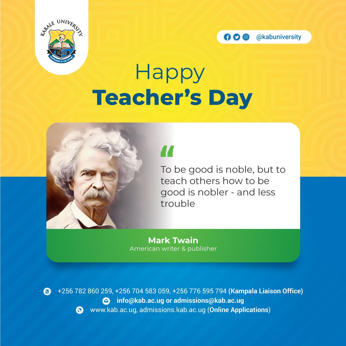 As we celebrate World Teachers' Day 2023, we urge everyone to persist in acknowledging the role of education as a guiding light of hope and a powerful agent for transformation in the World. #StudyAtKAB #happyteachersday2023 #TeachersDay'