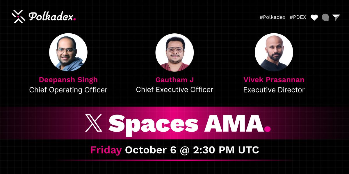 polkadex's tweet photo. 📢 Exciting update! 🚀 After the recent exciting conversations, we cordially invite  @OnlyDeFiGuy and @alice_und_bob join us as our guests of honour to our AMA🎙️

Agenda:

✅ Dive into @polkadex's current scene & future plans.
✅ Exploring Tier-1 MM for @polkadot Substrate-based Orderbook/DEXs.
✅ Clarifying queries on Polkadex on-chain treasury & team wallets.
✅ Addressing pre-submitted community questions.
🤔 Q&A with our guests of honour 🙏