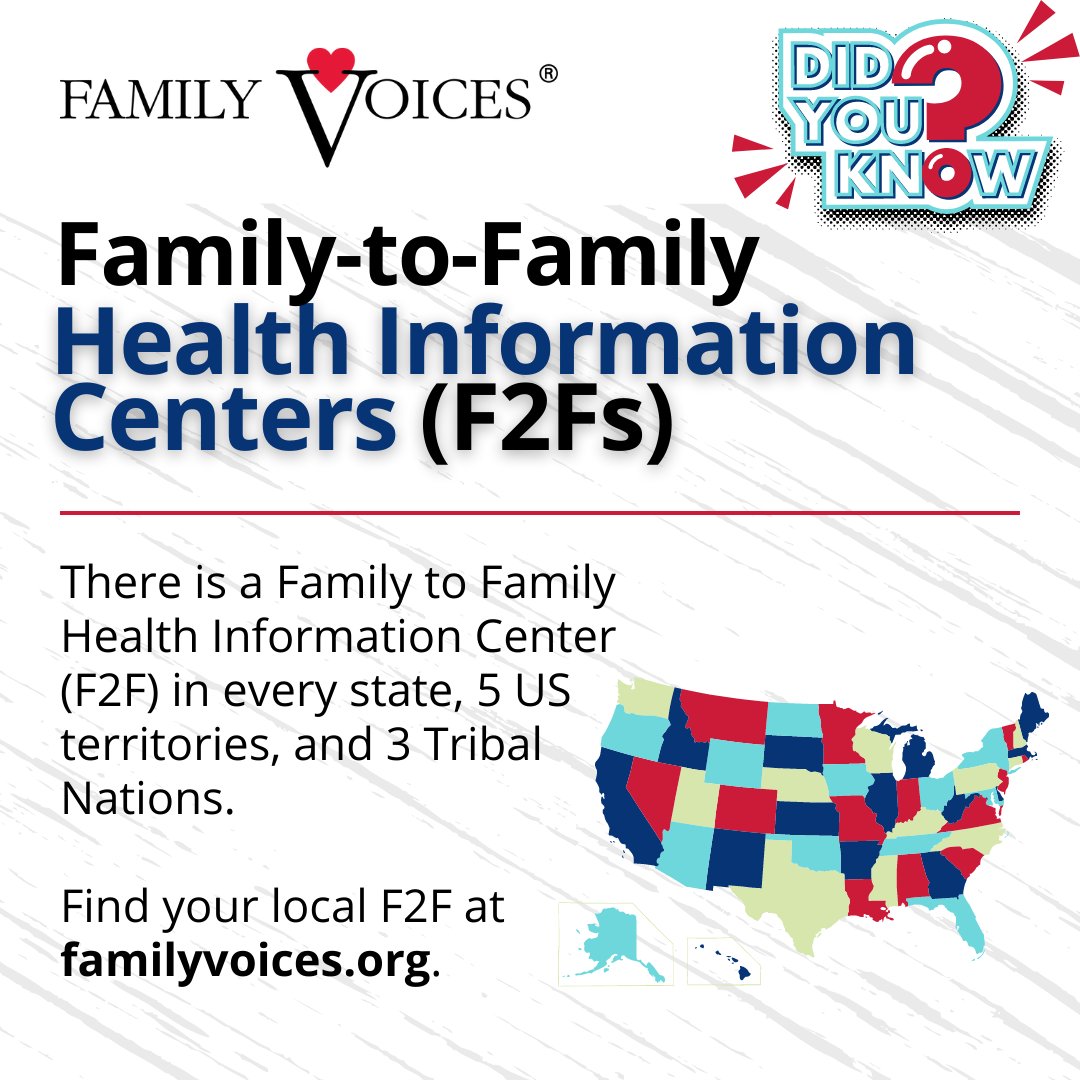 There is a Family to Family Health Information Center (F2F) in every state, 5 US territories, and 3 Tribal Nations. Find your local F2F at familyvoices.org. #CYSHCN #FamilyEngagement #healthcare @HRSAgov