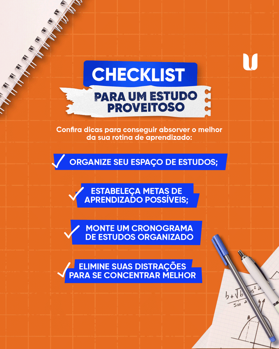Uni_Christus's tweet photo. Eai galera! 😉💙

Ter uma boa rotina de estudos é sempre essencial para se dar bem na vida acadêmica. 🎓

Por isso, confere esse checklist para uma rotina de estudos ideal e super proveitosa! 🤩

#Unichristus #VidaAcademica #Checklist #FacaValer https://t.co/B0MLP3OmBb