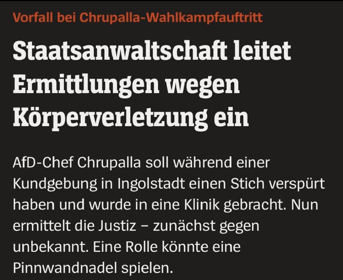 1. ⁠Chrupalla lehnt sich an Wand
2. Chrupalla wird von Pinnwandnadel gestochen
3. ???
4. „Linke Extremist:innen verüben heimtückisches Attentat“