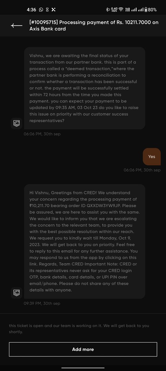 VishnuYS's tweet photo. @CRED_support @CRED_club pls help fix axis cc payment issue. It's been pending for a week when resolution eta was Oct 3rd. It's past due date and interest has started accumulating. https://t.co/pIr6QouRaL