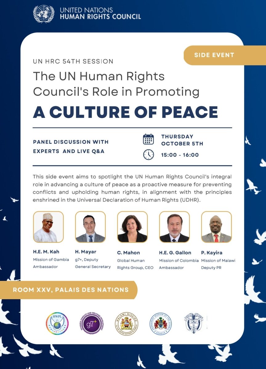 El Emb. Gallón 🇨🇴 participa como panelista en el evento paralelo al #HRC54  “The UN Human Rights Council's Role in Promoting a Culture of Peace”, copatrocinado por Colombia y organizado por el G7+, <a href="/GMGenevaMission/">The Gambia Permanent Mission to UNOG,WTO&Other Org</a>, @Malawi_Geneva y HWPL, que tiene lugar hoy 15:00 en sala XXV PdN