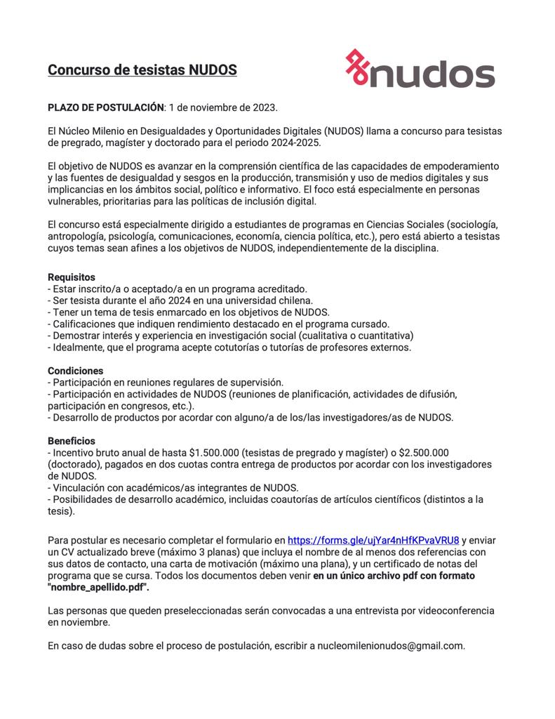 📢 ¡Gran oportunidad! 
Estamos en busca de tesistas interesados/as en integrarse al equipo del Núcleo Milenio de Desigualdades y Oportunidades Digitales. 

A continuación les dejamos los detalles y el formulario de la postulación 👇🏻
forms.gle/yL8injKgrrMiGE…