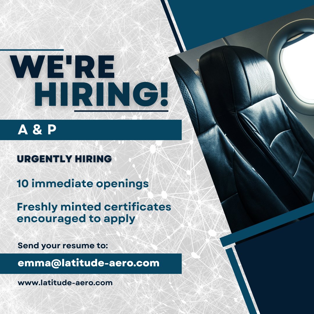 ✈️ Ready for a career move? We're keeping our doors wide open for talented individuals like you! Explore our current job openings and join the Latitude Aero team.

Send your resume to emma@latitude-aero.com or apply now: linkedin.com/jobs/view/3726…

#StillHiring #Hiring #LatitudeAero…