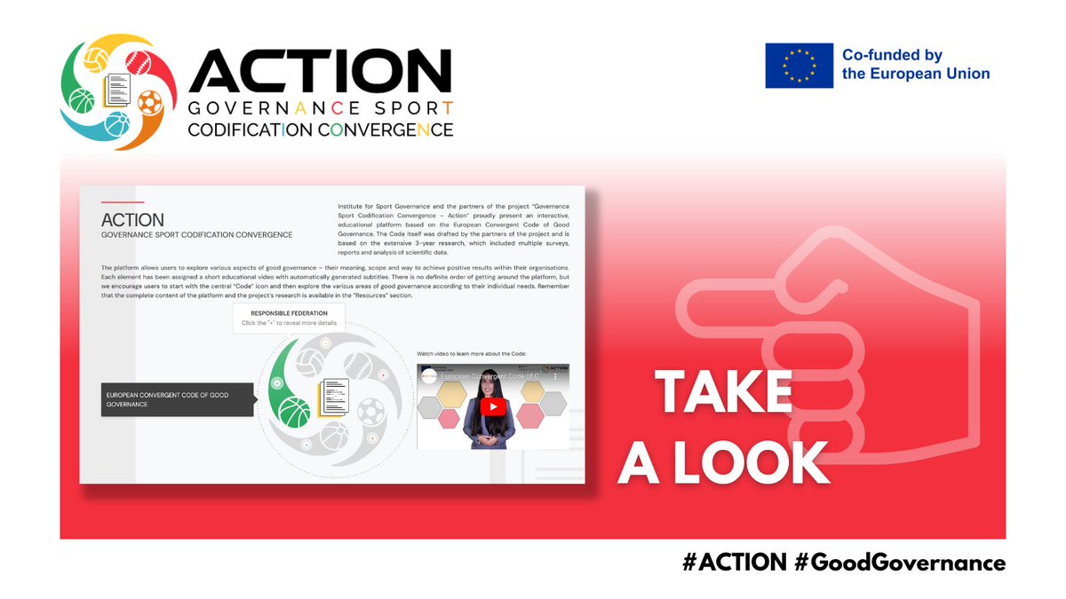 📣 The official online platform is now live!

It's a space full of video explainers for the principles of the European Convergent Code of Good Governance, and other resources, such as graphics and reports.

Visit the website 👇
🔗action.govsport.eu

#ACTION #GoodGovernance