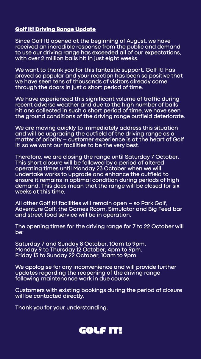 Important announcement about our driving range.
Please see the image for details.