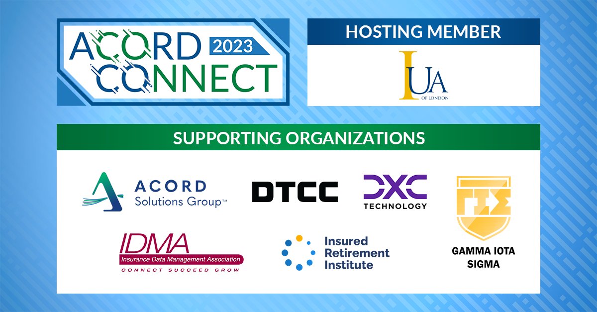ACORD_Standards's tweet photo. As part of the #ACORDConnect countdown, we're shouting out those who are helping us make it happen. Thank you to our 2023 Supporting Organizations:
@DXCTechnology
@The_DTCC
@IDMA_ORG
@GammaIotaSigma
@IRIonline
ACORD Solutions Group
Register here: https://t.co/KvzLLY9krx https://t.co/wHETu1brVR