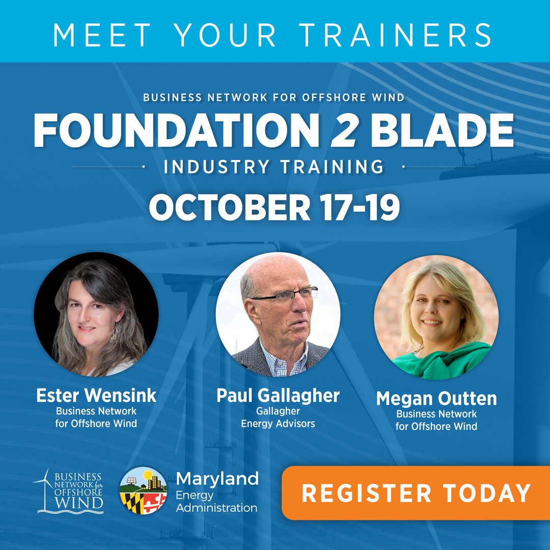 Maryland businesses, this Foundation 2 Blade training is sponsored by Maryland Energy Administration exclusively for you! Foundation 2 Blade is the most comprehensive training program for businesses to take advantage of opportunities in offshore wind → bit.ly/3qk5fRt