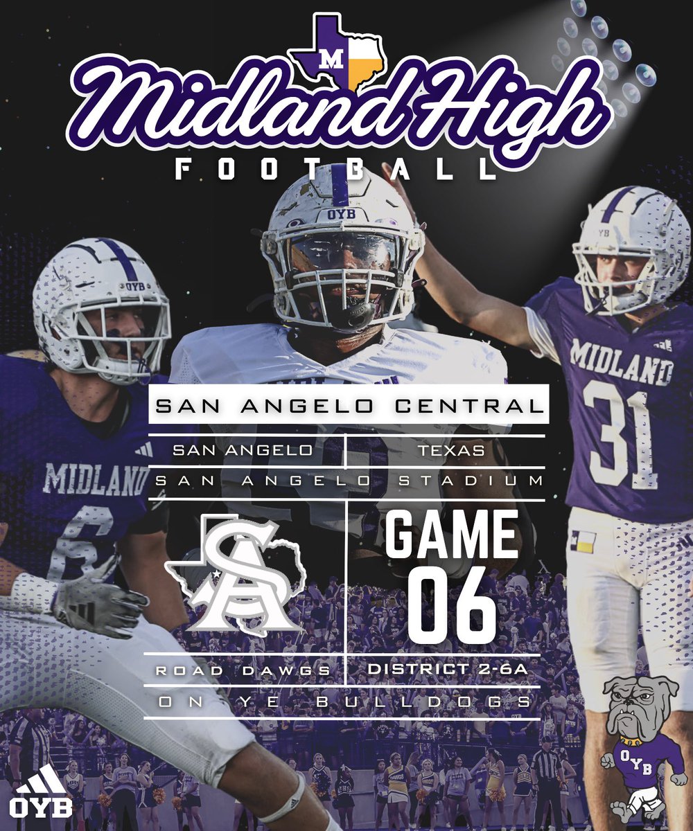 midlandhighfb's tweet photo. How about some District 2-6A ball?👀

GAMEDAY. 

Midland High 🆚 San Angelo Central
📍 San Angelo, TX
🏟 San Angelo Stadium
📆 10.5.23
⏰ 7:00 PM 
📺 https://t.co/3aBzZEJlKA

Be there. Be loud. On ye Bulldogs! 

🟣⚪️

#OYB https://t.co/QjTzIogmCf