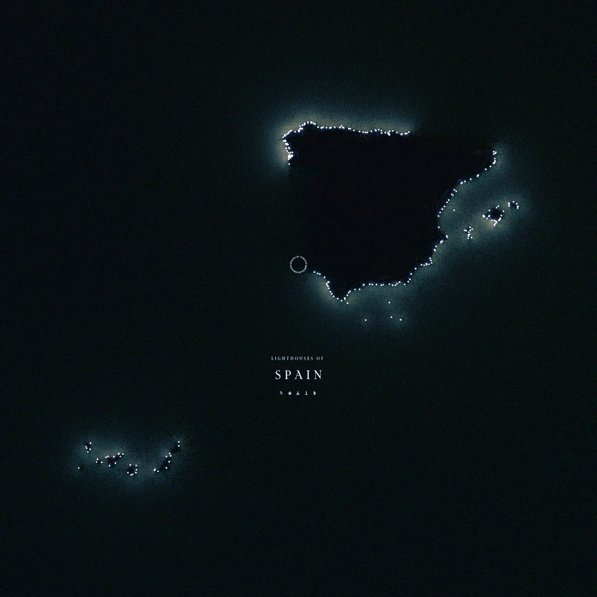 A lighthouse map of Spain with lighthouses depicted as illuminated globes