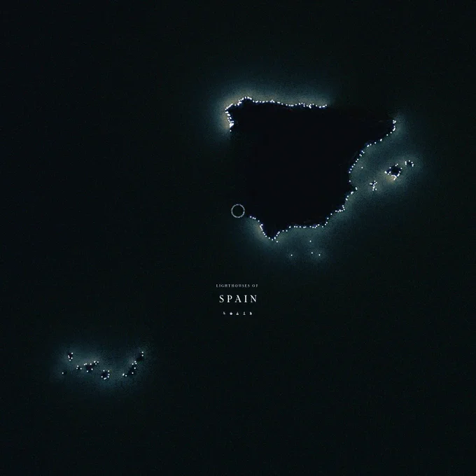 A lighthouse map of Spain with lighthouses depicted as illuminated globes