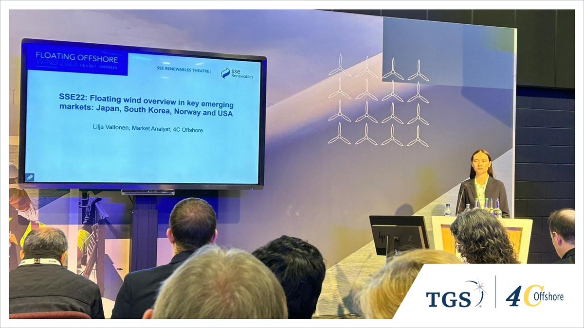 4COffshoreNews's tweet photo. Interesting conversation at the SSE Renewables Theatre at #FloatingWind23 today where our Market Analyst, Lilja Valtonen, presented an overview about floating offshore wind in key emerging markets: Japan, South Korea, Norway and USA...🌊 https://t.co/zBLq4eCwK6