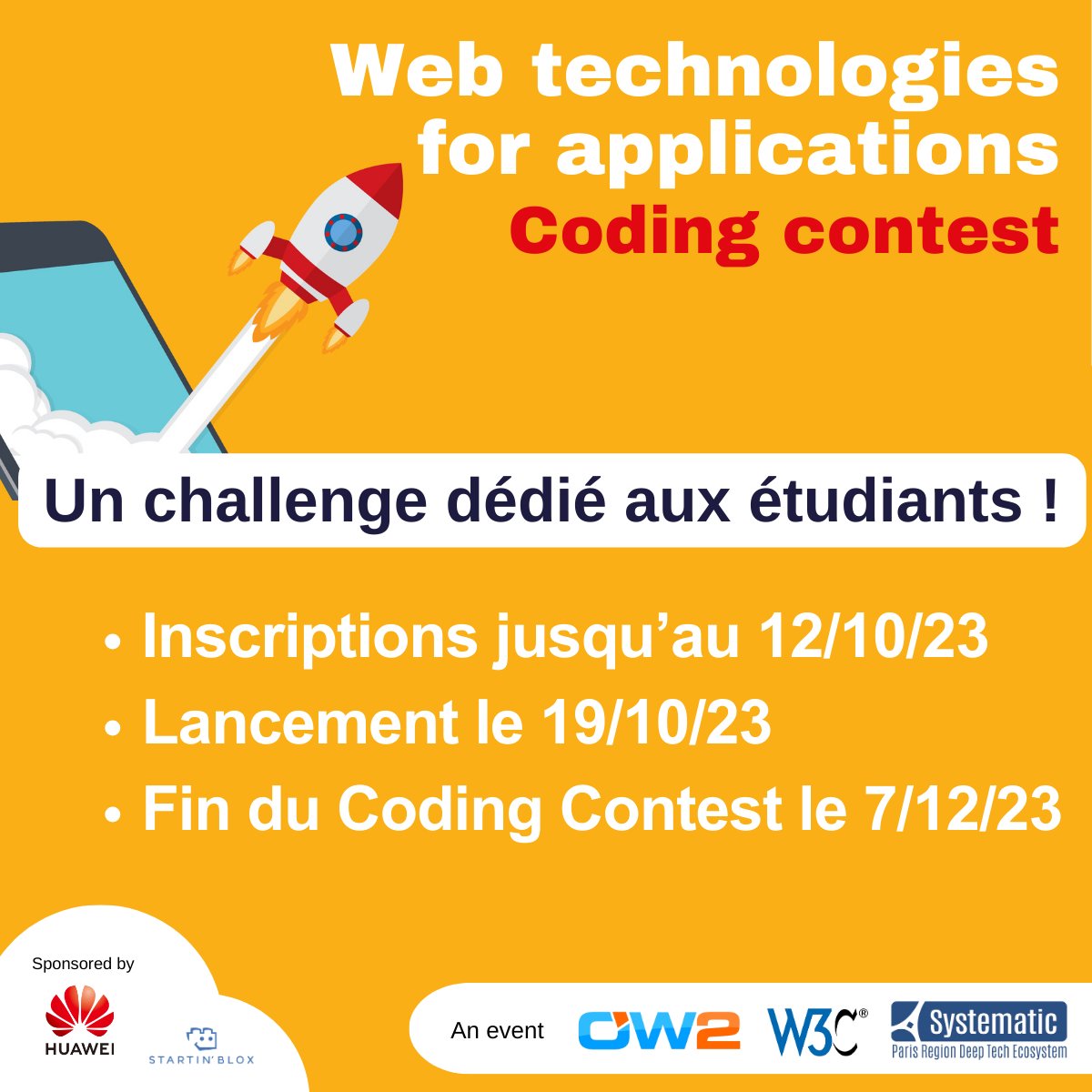 Pole_Systematic's tweet photo. 🚀Coding Contest #opensource
Créez 1 application pour les appareils mobiles basée sur les technos #webxr #HTML #JavaScript #CSS #QuickApp
📍kick-off 19.10
📍coaching des codeurs tous les 15 jours
📍remise des prix le 7.12 sur @OSXP_Paris
👇👇👇
https://t.co/Bt3aB1bWMK https://t.co/OHjHRdKEV0