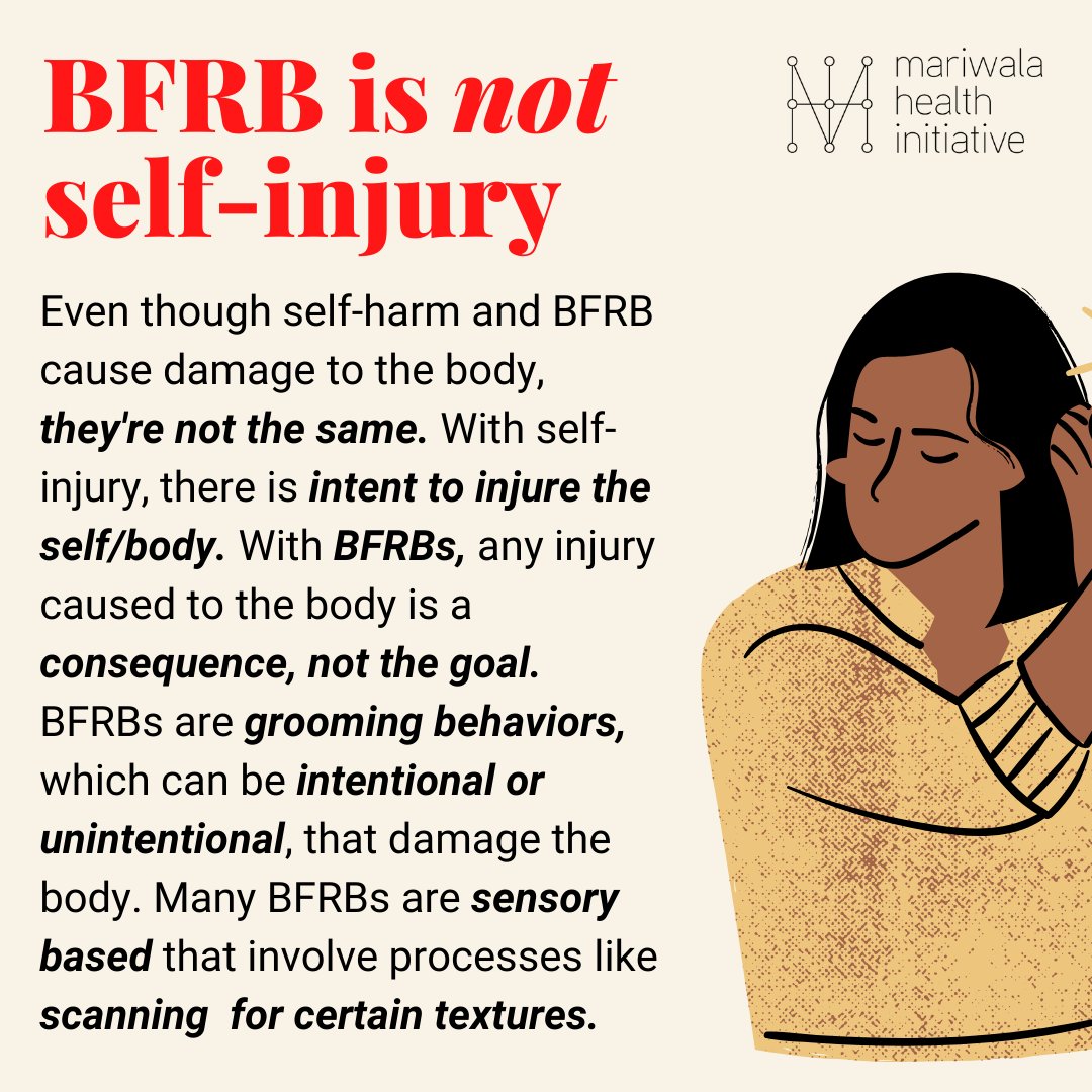 mariwalahealth's tweet photo. #BFRBAwarenessWeek
Body-Focused Repetitive Behaviour refers to any self-grooming repetitive action that can result in injury/damage to the body โ like skin picking, nail biting, or hair pulling.
How do BFRBs impact oneโs mental well-being? Read >>
#bfrb #mentalhealthadvocacy https://t.co/Jj2iOjevQD