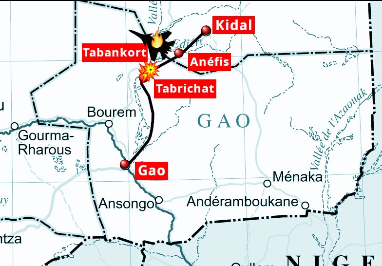Wamaps_news's tweet photo. #Mali 🇲🇱 | ⚠️ Le convoi #FAMa / #Wagner rencontre des difficultés à l'approche de #Kidal.
🔷️04/10 vers 16h40 Le convoi est ralenti par l'explosion d'un #IED sur un véhicule de tête, à l'approche de la #RN18 (7km en amont de #Tabankort).
🔷️Ce matin, 04/10 Les FAA ont attaqué en nombre le convoi sur la #RN18, entre Tabankort et #Anéfis, détruisant ou mettant en déroute le soutien aérien #FAMa (1 L39 et 1 TB2 détruits et 1 L39 endommagé).
🔴Un communiqué #FAA fait état de nombreuses pertes humaines et matérielles.
En attente d'un communiqué officiel des #FAMa.