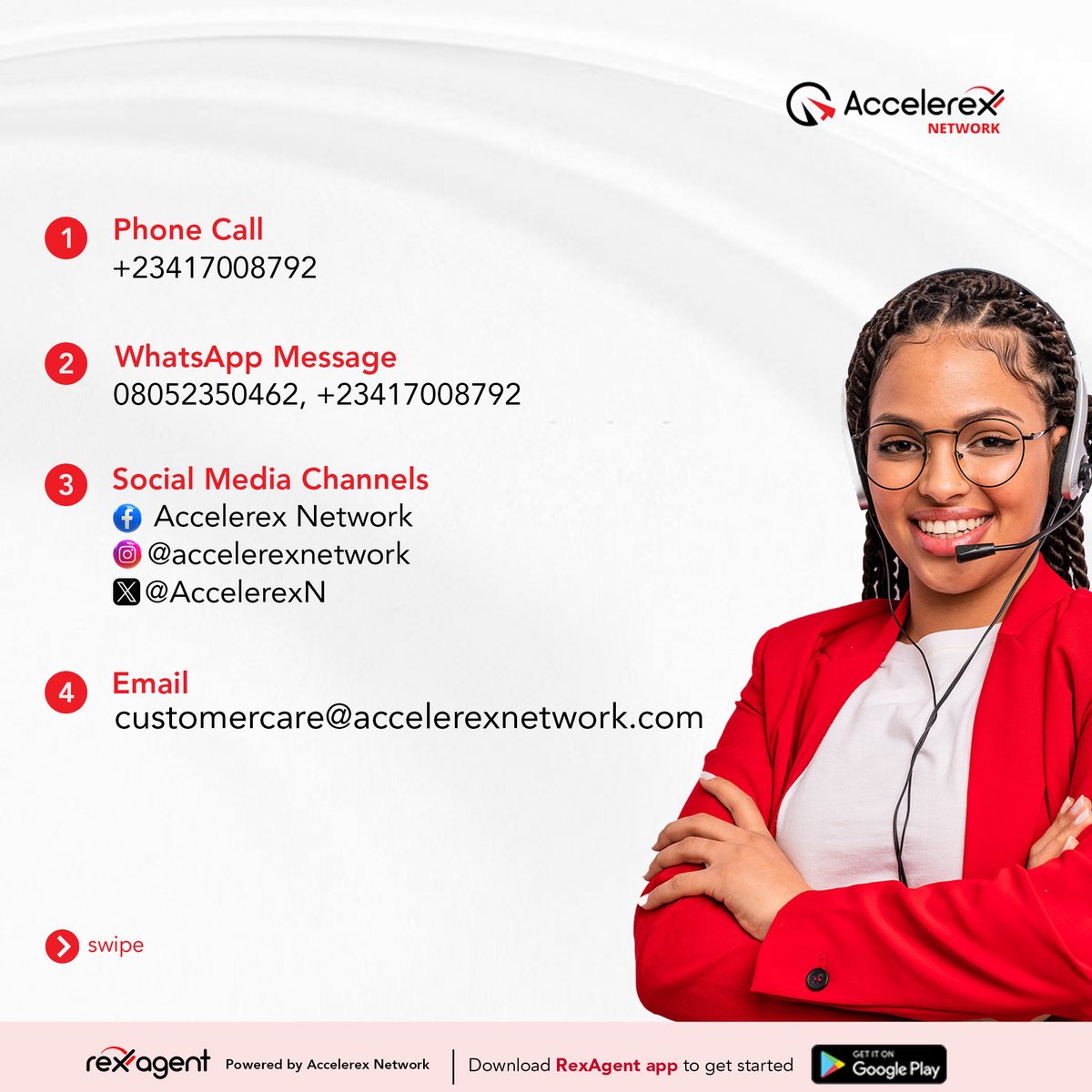 AccelerexN's tweet photo. We are committed to providing you with instant support while using our products and services. Below are five quick ways to reach us.

Thank you for your continuous patronage 👍

#AccelerexNetwork
#RexAgent 
#Agentbanking
#CSW2023
#TeamService https://t.co/Eokwj0dJfh