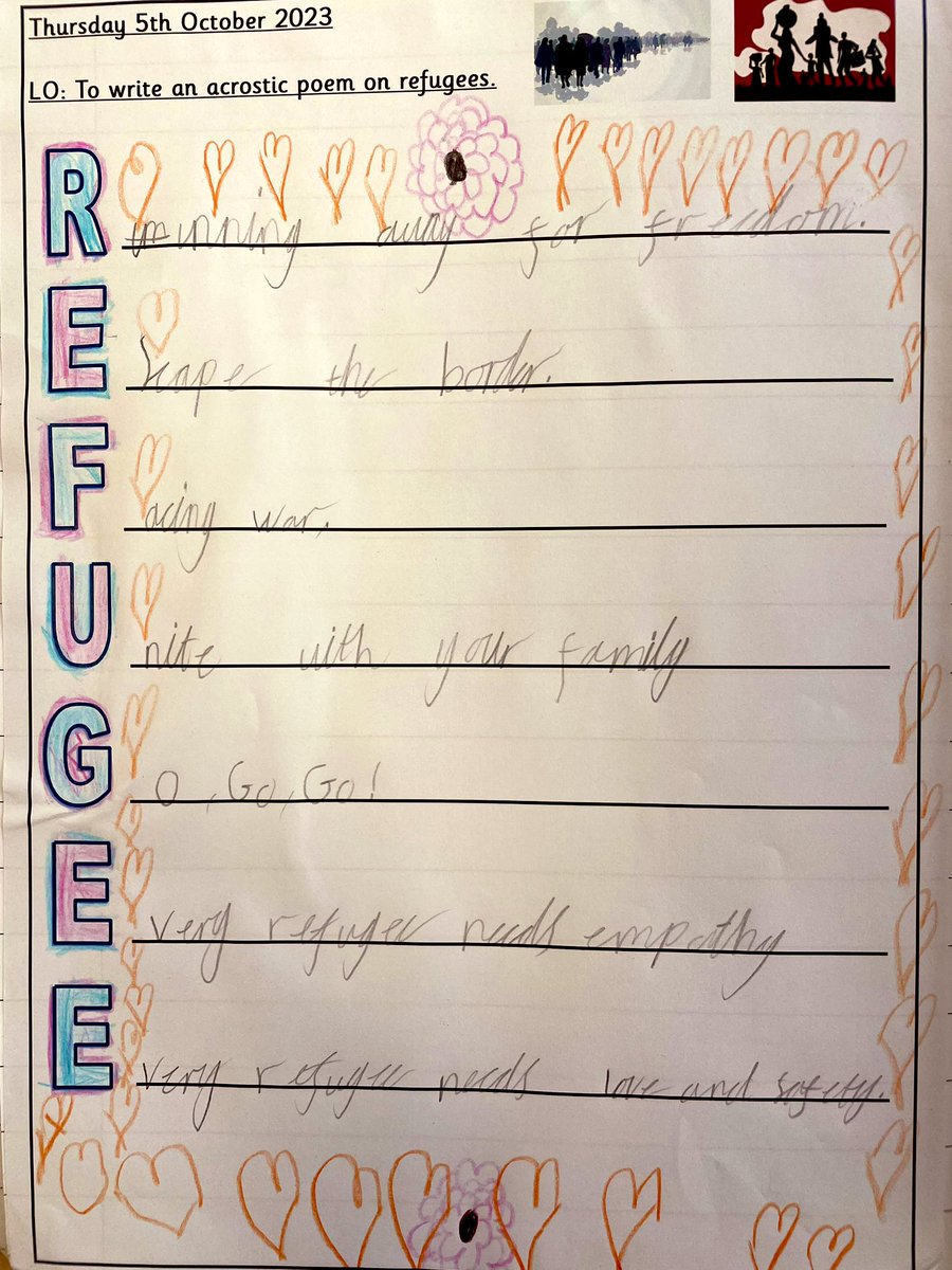 For #NationalPoetryDay we have written acrostic poems about refugees. Superb work💗 #catholiclifehfb10 #livesimplyhfb10