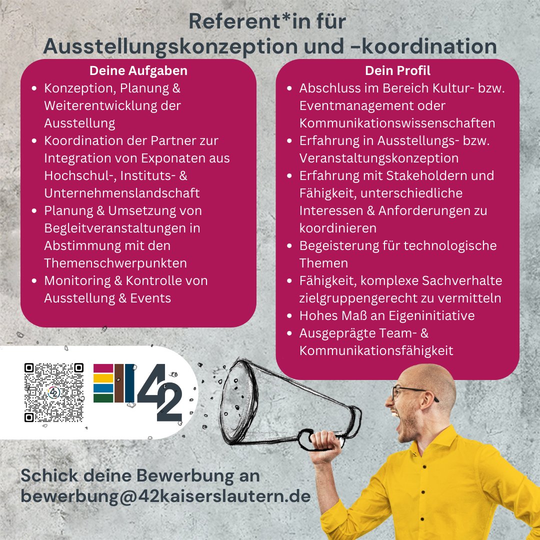 42 Kaiserslautern (@42_klautern) on Twitter photo Das #42 wächst! Ab 01.01.2024 suchen wir:
🔹Koordinationstalent für Ausstellung & Veranstaltungen
🔹Kommunikationsexpert*in für unsere Öffentlichkeitsarbeit
Werde Teil unserer Vision! Mehr Infos: de.indeed.com/cmp/Science-an….
Bewerbungen an: bewerbung@42kaiserslautern.de Das #42 wächst! Ab 01.01.2024 suchen wir:
🔹Koordinationstalent für Ausstellung & Veranstaltungen
🔹Kommunikationsexpert*in für unsere Öffentlichkeitsarbeit
Werde Teil unserer Vision! Mehr Infos: de.indeed.com/cmp/Science-an….
Bewerbungen an: bewerbung@42kaiserslautern.de