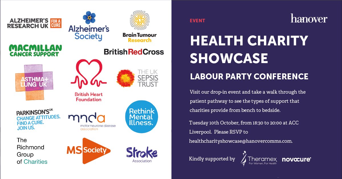 Very excited to be hosting the Health Charity Showcase at Labour Party Conference next Tuesday! You'll be able to hear from 14 major health charities and take a walk through the patient pathway - if you'd like to join, drop us an email at healthcharityshowcase@hanovercomms.com