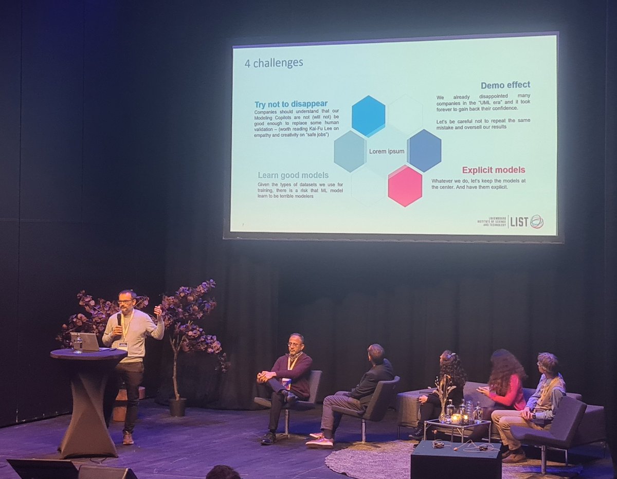 JudithMichael_'s tweet photo. 4 interesting challenges from Jordi Cabot @ingdesoftware in the #MDE and #AI Panel of @modelsconf #MODELSconf23, e.g., do not oversell results and keep models explicit. https://t.co/9bBUwnPoGy