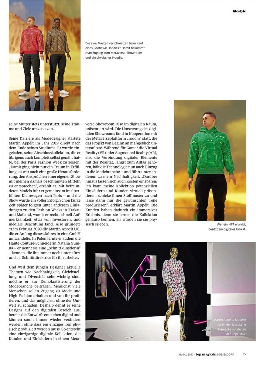 ITSMARTINAPPELT's tweet photo. Thank You @topmagazinduesseldorf for the great article about my work!
The physical october issue is on stands right now !

As mentioned in the article: Our NFT private sale has already started, become a part of the project with the link in my bio.

#metaverse #digitalfashion #nft https://t.co/SQM4SSeIy0